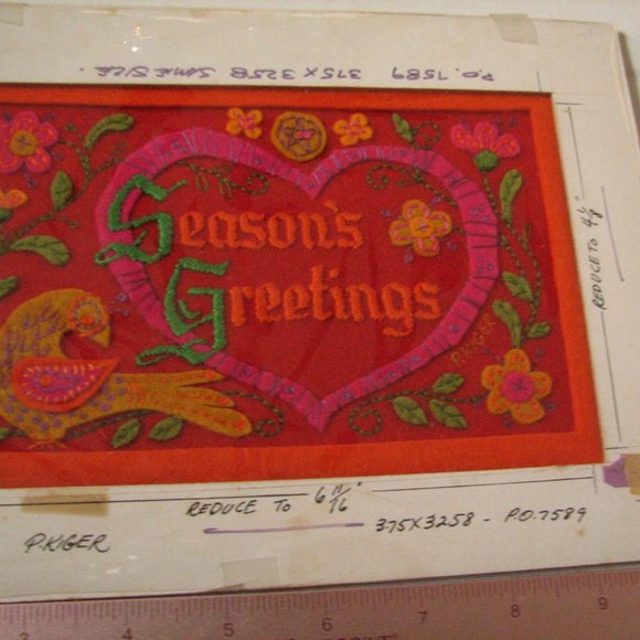 ORIGINAL GREETING CARD ART Card Season's Greetings Embroidered SIGNED - Picture 1 of 2